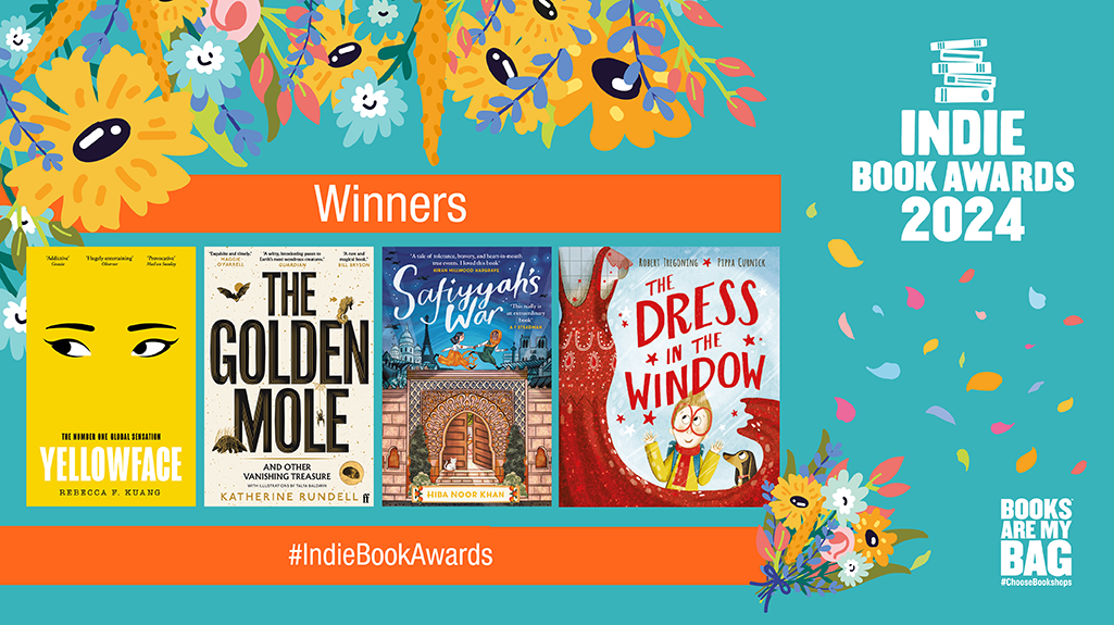 picture of the winners of the Indie Book Awards 2024. From left to right: Adult fiction winner, Yellowface. Adults non-fiction winner, The Golden Mole and other vanishing treasures; Children's Fiction winner Safiyyah's War; Children's Picturebook winner, The Dress in the Window